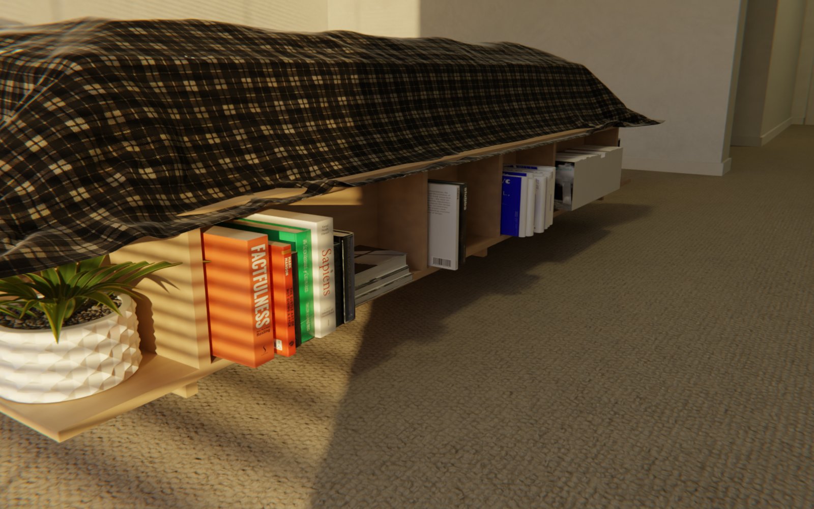 Footboard bookcase and side storage bay in warm evening light, bed frame in its room